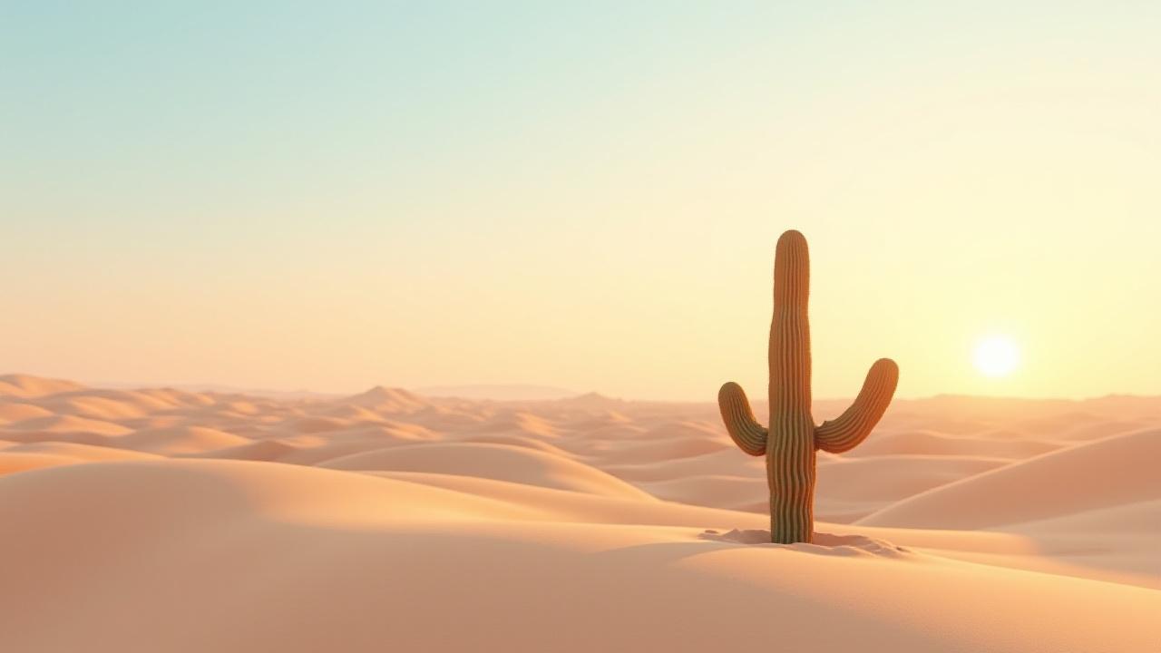 사막 한가운데 강인하게 서 있는 선인장 이미지