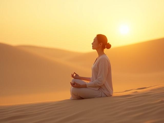 고요한 사막 풍경에서 명상하는 중년 여성